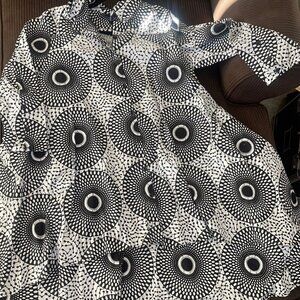 XXL Black White Tribal Abstract Printed Long Sleeve Button Flared Dress